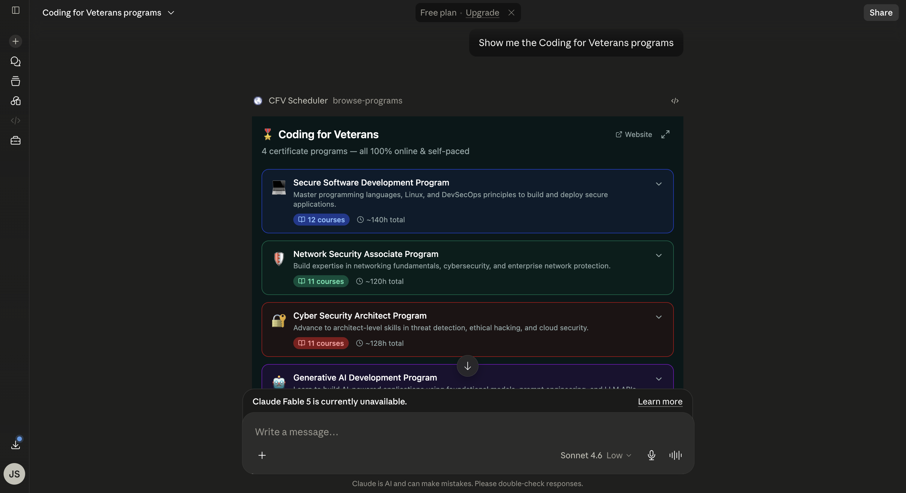 CFV Scheduler running inside Claude — the browse-programs view showing all four certificate programs